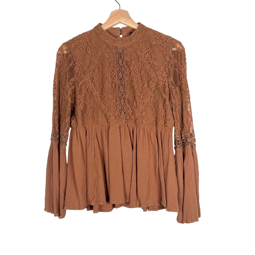 American Eagle Women Brown Lace Boho Bell Sleeve Peplum Babydoll Blouse Medium‎
